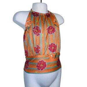 Vintage 70s Vicki Volts Womens S Top Orange Floral Halter Blouse Disco Hippie